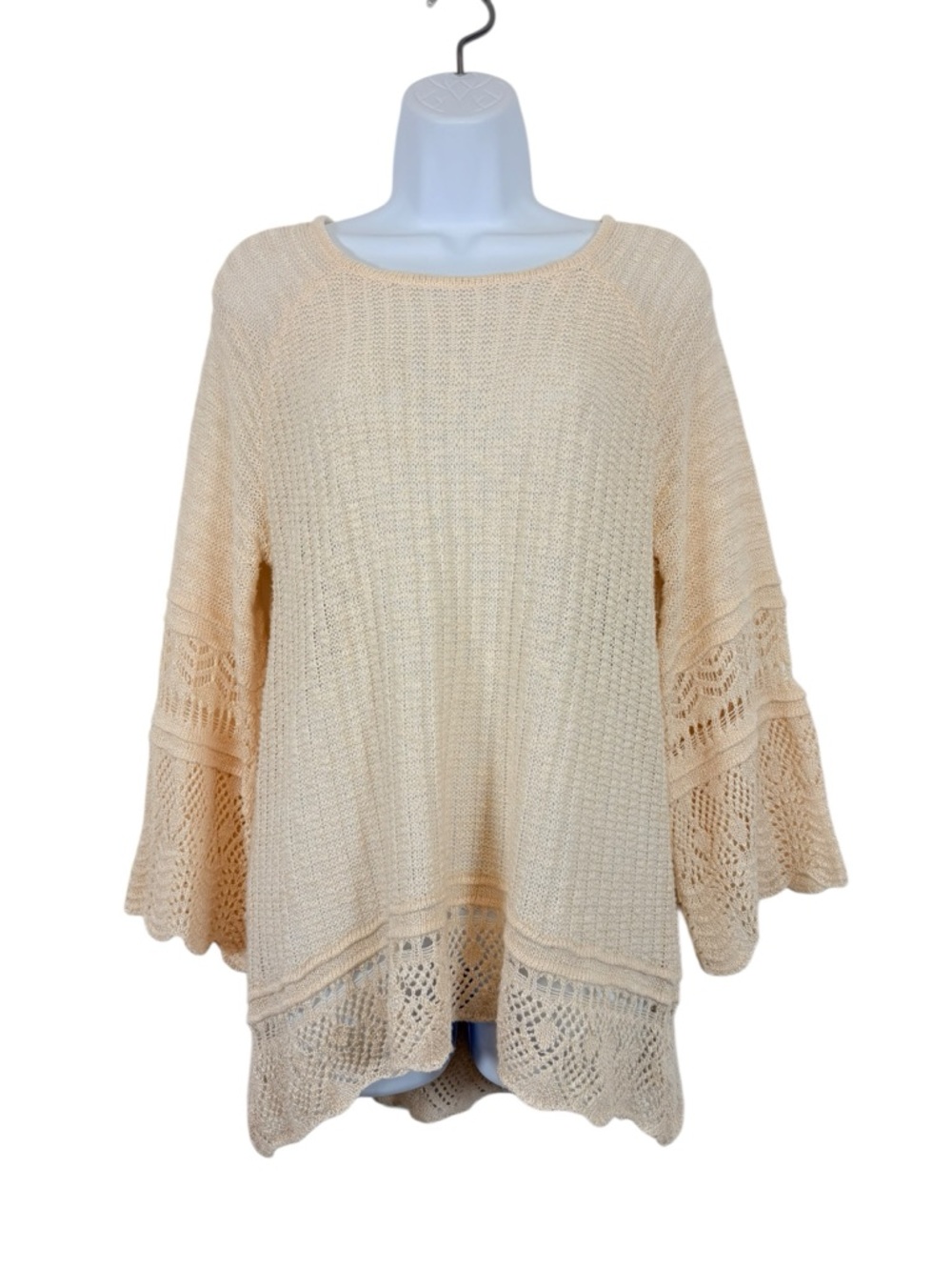 LC Lauren Conrad Cream Boho Knit Sweater Bell Sleeve Lace Trim SzM Coastal Airy